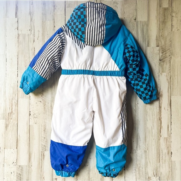 Rad Vintage 80s 90s Unisex Snowsuit Blue Checkered Striped Colorblock 24 mos - Picture 2 of 9
